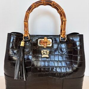 NWT Pratesi Firenze Black- Crocodile Pattern Handbag with Bamboo handles